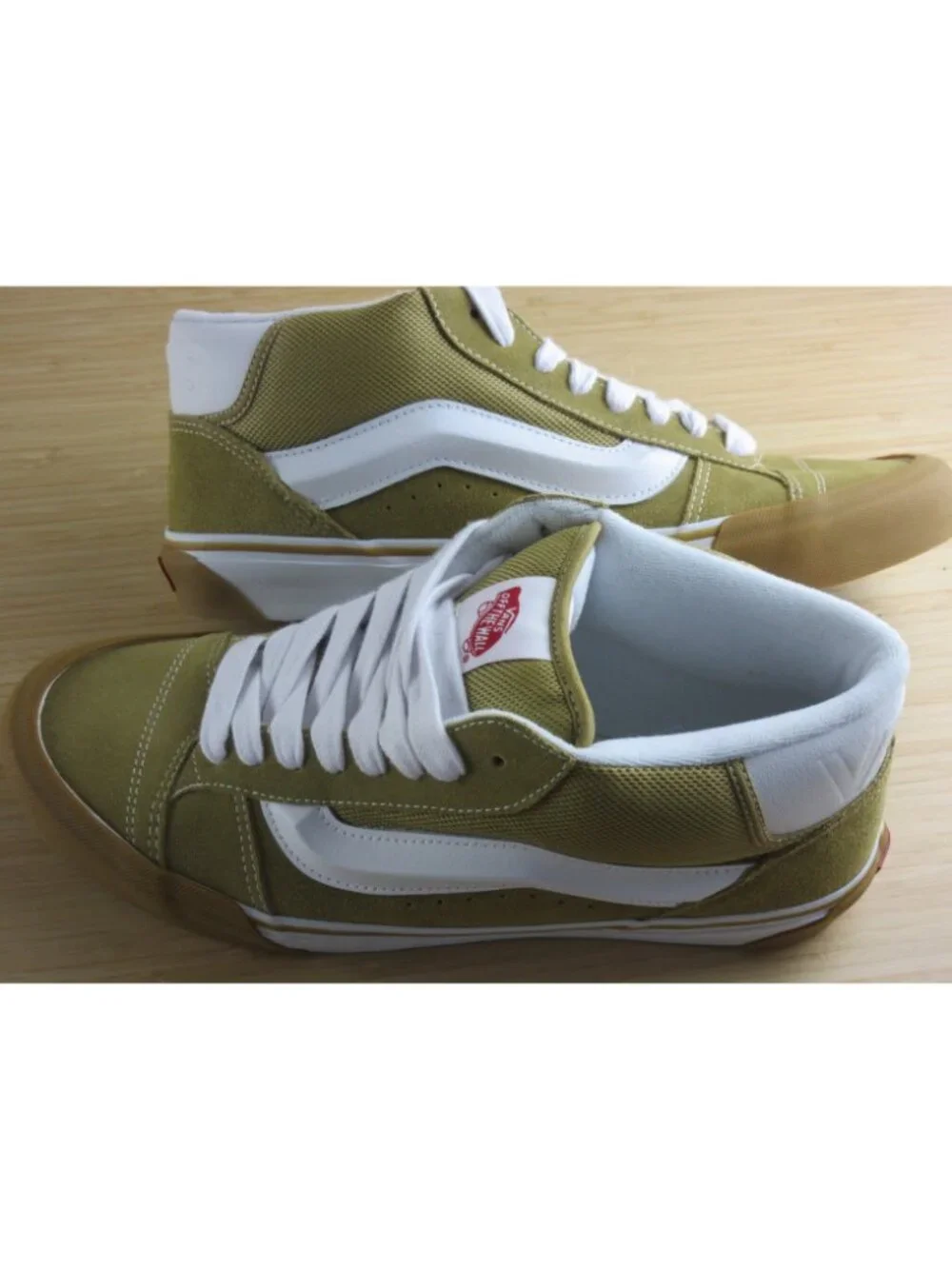 Vans Men's Knu Skool Mid Khaki Gum Bottom White Striped Skate Shoes size 11.5